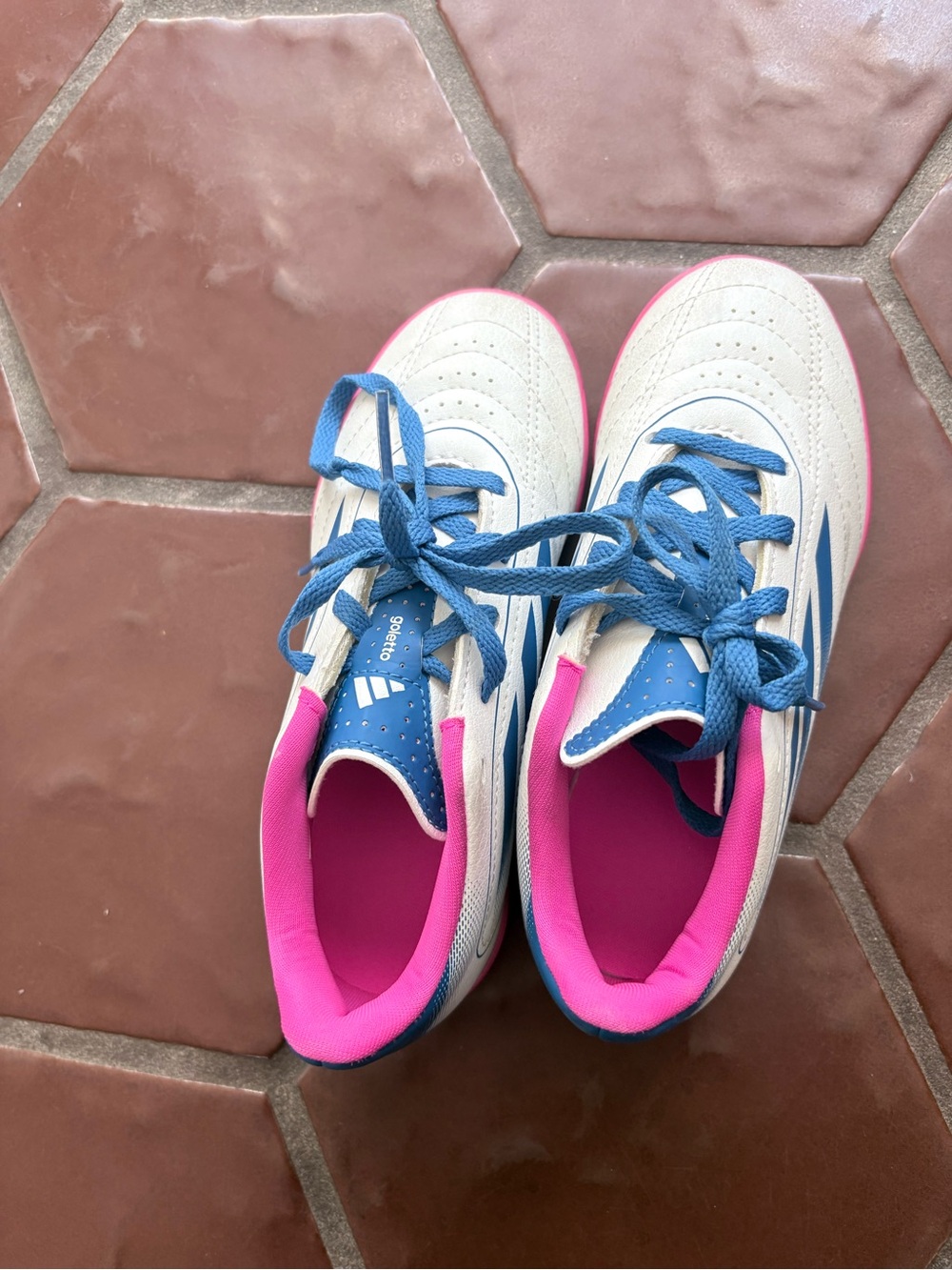 Adidas Goletto White Kids Soccer shoes Turf Blue Laces and Pink Collar Trim